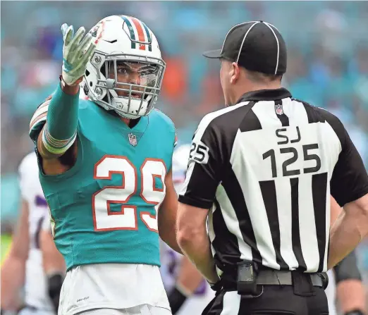  ?? JASEN VINLOVE / USA TODAY SPORTS ?? Defensive back Minkah Fitzpatric­k was the No. 11 pick overall in the 2018 draft and recently requested a trade out of Miami.