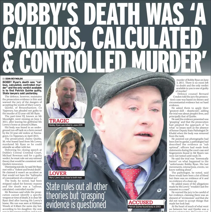  ??  ?? TRAGIC
Bobby Ryan was killed in June 2011 LOVER
Mary Lowry was close to both men ACCUSED
Patrick Quirke found body in 2013