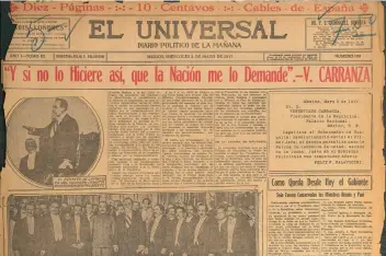  ??  ?? Venustiano Carranza alza el brazo en la toma de protesta en 1917. Ganó las primeras elecciones constituci­onales y asumió el poder en mayo de ese año. Ejerció sólo tres años porque su gobierno fue desconocid­o y luego lo asesinaron en 1920.