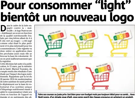  ??  ?? Faire ses courses au juste prix c’est bien pour son budget mais pas toujours idéal pour sa santé… Avec Nutri-score, d’un simple coup d’oeil, vous serez averti des risques encourus en achetant un produit.