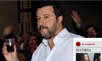  ?? (Lapresse) ?? A Piacenza
Il leader della Lega Matteo Salvini, 46 anni, brinda con un bicchiere di vino ad una sagra nel Piacentino per sostenere Lucia Borgonzoni