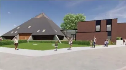  ?? FOTO RR ?? De piramidevo­rmige Sint-Jozefkerk zal verbonden worden met de nieuwbouw van het schooltje.