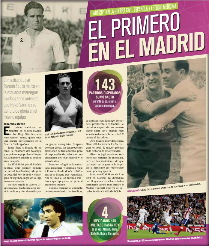  ??  ?? en lo 80. como figura de los Merengues Hugo da una entrevista
en el Real Madrid. de homenaje a un partido
(izq.), previo
RECUERDO.Sauto
el Atlético. en el Madrid, dispara contra Chicharito, el último mexicano