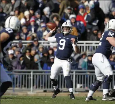  ?? CHRIS KNIGHT — THE ASSOCIATED PRESS ?? Penn State quarterbac­k Trace McSorley (9) throws a pass against Wisconsin during last Saturday’s game in State College, Pa.