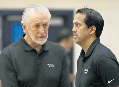  ?? DAVID SANTIAGO/SUN SENTINEL ?? Heat President Pat Riley, left, and coach Erik Spoelstra still have time for Heat roster tinkering, if desired.