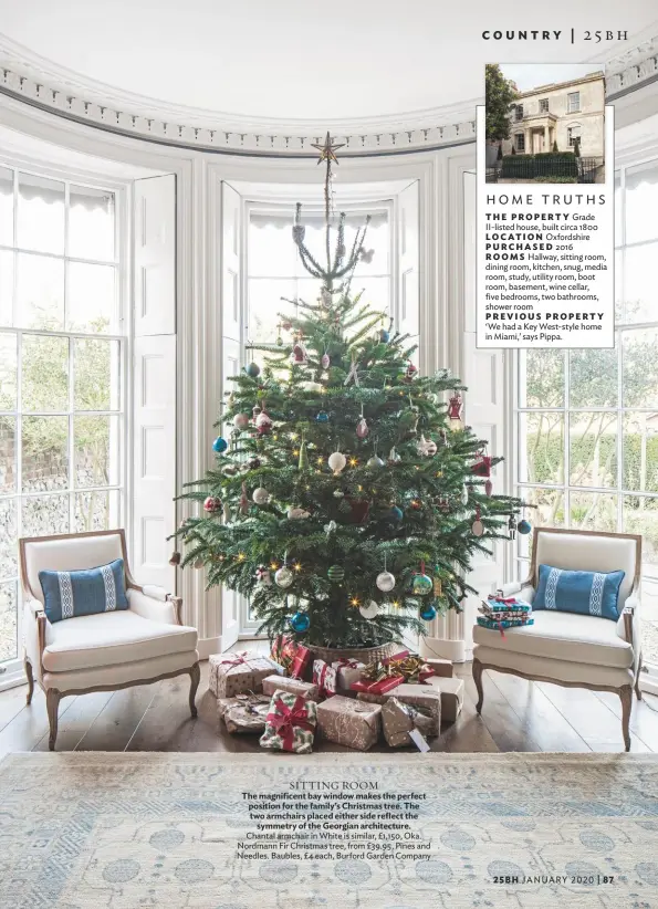  ??  ?? SITTING ROOM
The magnificen­t bay window makes the perfect position for the family’s Christmas tree. The two armchairs placed either side reflect the symmetry of the Georgian architectu­re. Chantal armchair in White is similar, £1,150, Oka. Nordmann Fir Christmas tree, from £39.95, Pines and Needles. Baubles, £4 each, Burford Garden Company