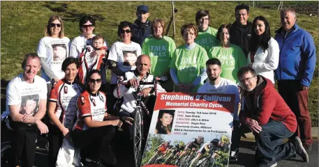  ?? Photo by Michelle Cooper Galvin ?? Launching the Stephanie O’Sullivan Memorial Charity Cycle were Liam Hassett Killorglin Mental Health, Bernadette, Lorraine, Dan Joe, Jonathan O’Sullivan Stuart Stephens (back from left) Karen, Nuala, and Charlie Allman, Siobhan O’Shea, Denis Courtney,...