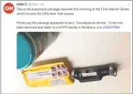  ?? Associated Press ?? This screenshot from CNN’s Twitter account shows what CNN says is the explosive device that was delivered to its New York headquarte­rs on Wednesday. The package sent to CNN contained a live explosive with wires, a black pipe and an envelope with white powder.