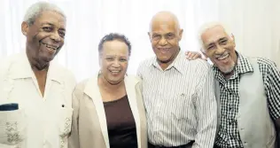  ?? ?? Barbara Gloudon has a light moment with media veterans (from left) Ken Allen, Ken Chaplin, and Junior Dowie at The Jamaica Pegasus in 2010. All four have now passed.