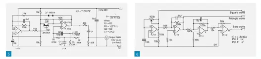  ??  ?? Fig. 1: Astable oscillator. Fig. 2: RC filter. Fig. 3: Two transistor astable oscillator. Fig. 4: Twin-tee band stop filter.
Fig. 5: Op-amp twin-tee oscillator. Fig. 6: LM324-based function generator. Fig. 7: An LM386-derived oscillator.