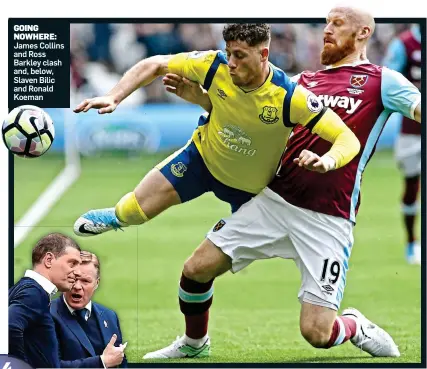  ??  ?? James Collins and Ross Barkley clash and, below, Slaven Bilic and Ronald Koeman