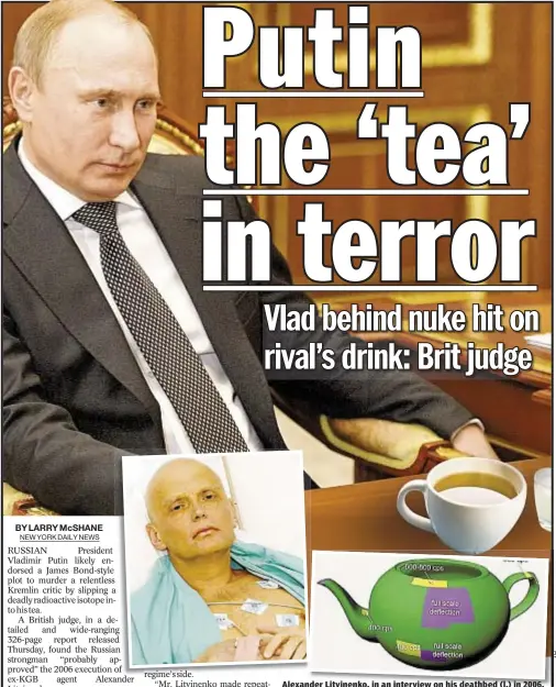  ??  ?? Alexander Litvinenko, in an interview on his deathbed (l.) in 2006, placed the blame for his poisoning on Russian President Vladimir Putin (top). Police graphic (above) shows polonium contaminat­ion in the teapot, from green (low) to purple (high).