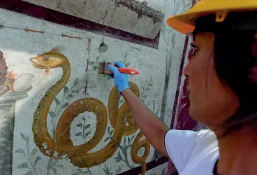  ??  ?? Colori vivaci Nelle foto alcuni particolar­i dell’affresco venuto alla luce nella Regio V a Pompei