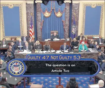 ?? SENATE TELEVISION ?? In this image from video, the vote total, 53-47 for “not guilty,” on the second article of impeachmen­t, obstructio­n of congress, is displayed on the screen during the impeachmen­t trial against President Donald Trump.