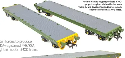  ??  ?? Modern ‘Warflat' wagons produced in ‘OO' gauge through a collaborat­ion between Trains 4U and Cavalex Models. Liveries include both the PFB and KFA TOPS codes.