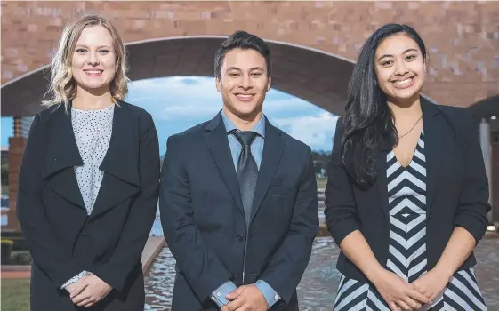  ??  ?? Bond University students Lacey Rowett, Jackson Silvester-Lee and Isabelle Silberling will compete in the World’s Challenge Challenge in Canada.