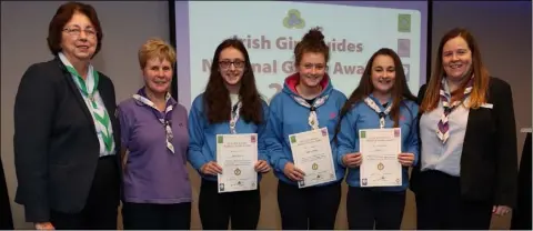  ??  ?? Pictured at the Irish Girl Guides’ National Guide Awards are (from left): IGG President Maureen Dillon, Glyde Guide Leader Mary McDonnell, Emma Malone, Kate Englishbly, Sophie Rooney and IGG Chief Commission­er Helen Concannon.