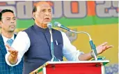  ?? DC ?? Union home minister Rajnath Singh speaks at the public meeting in Hanamkonda on Friday. —