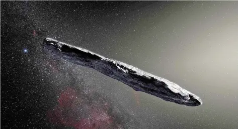  ??  ?? This handout photo released by the European Southern Observator­y shows an artist’s impression of the first interstell­ar asteroid – Oumuamua. — AFP photo