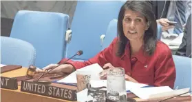  ?? MARY ALTAFFER/AP ?? Nikki Haley, U.S. ambassador to the U.N., told the Security Council: “It is time for all civilized nations to stop the horrors that are taking place in Syria and demand a political solution.”