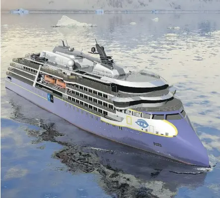  ?? LINDBLAD EXPEDITION­S-NATIONAL GEOGRAPHIC ?? Lindblad Expedition­s-National Geographic’s first purpose-built polar expedition ship will feature a bow designed for greater fuel efficiency and guest comfort in rough seas.