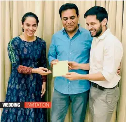  ??  ?? Indian shuttlers Saina Nehwal and Parupalli Kashyap are seen with caretaker minister K.T. Rama Rao as they invite the minister to their wedding in this photo posted on Twitter by Ms Nehwal. “Thank you @KTRTRS sir. It was nice meeting you sir and discussing the developmen­t of Sport in Telangana. Hope to see you soon sir at the reception,” her tweet reads.