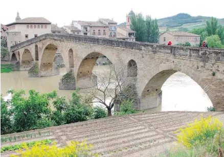  ??  ?? Pilgrims cross a medieval bridge at Puente la Reina, on Spain’s Camino de Santiago. The 800-kilometre ancient pilgrimage route winds through many art-filled towns.