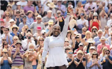  ?? TIM IRELAND/ASSOCIATED PRESS ?? Serena Williams celebrates beating Germany’s Julia Goerges in straight sets, 6-2, 6-4, in Thursday’s semifinal match at Wimbledon in London. Williams will play for her eighth Wimbledon title on Saturday.