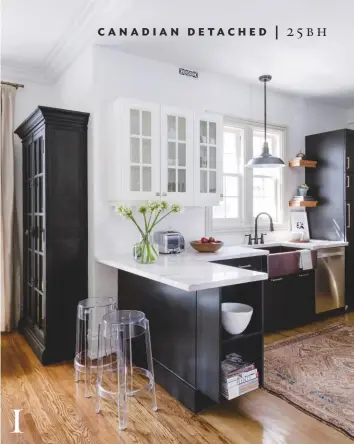  ??  ?? 1
KITCHEN Cabinetry painted in contrastin­g black and white with a marble countertop creates a chic, monochrome aesthetic. Charles ghost stools by Kartell, £178 each, amara. the antique Persian tabriz rug is a good match, $885, Rug & Weave. Vintage Barn pendant light, from $229, Restoratio­n Hardware
DINING AREA Ines and Peter knocked through the original dining room into the kitchen for a more practical layout. Perugia ceiling light, price on applicatio­n, Renwil. salvaged Parsons rectangula­r table is similar, $3,395, Restoratio­n Hardware. Walls painted in swiss Coffee OC-45 regal select flat, £20.50 for 0.94L, Benjamin Moore
FAMILY ROOM A generous U-shaped sofa makes this area ideal for relaxing. Behind it, Ines hung favourite artworks on the wall, which is painted off-black to enhance them. Feature wall painted in Black satin 2131-10 regal select flat, £20.50 for 0.94L, Benjamin Moore. Velvet linen pillows in Ocean, $195 each, Elte