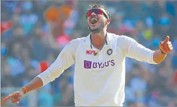  ?? BCCI ?? Axar Patel celebrates his second successive five-wicket haul in Tests, in Motera on Wednesday.