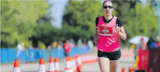 ?? MICHELLE BERG/FILES ?? Erin Gardiner was the first woman marathon runner to cross the finish line at Diefenbake­r Park with a time of 3:04:34 in the 2016 Saskatchew­an Marathon.