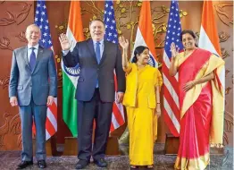  ?? —PTI ?? Foreign minister Sushma Swaraj, defence minister Nirmala Sitharaman, US secretary of state Mike Pompeo and US secretary of defence James Mattis pose for a group photo before India-US 2+2 Dialogue, in New Delhi, Thursday.