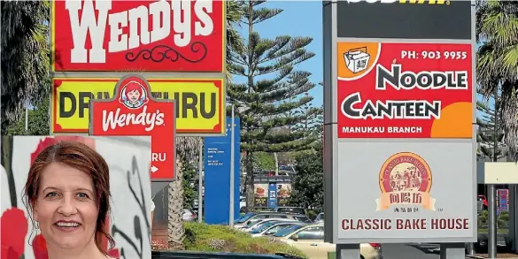  ??  ?? A stretch of Great South Rd in Manukau offers about a dozen fast food options; inset, Auckland mayoral candidate Victoria Crone.