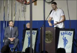  ?? ORANGE COUNTY REGISTER/SCNG ARCHIVES ?? Klay Thompson, a prep star in Orange County, addresses the crowd during a ceremony to retire his jersey at Santa Margarita Catholic High two years ago.