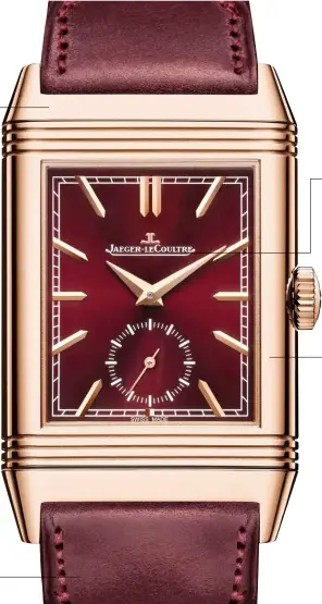  ??  ?? 190
The Reverso Tribute Duoface Fagliano’s limited series number—190 pieces— pays tribute to the fact that 2021 is the 90th anniversar­y of the Reverso’s debut. Since its launch in 1931, the collection has been strapped to the wrists of everyone from Hollywood stars to world leaders. Made for British Army officers who played polo in India, the Reverso’s dial was designed so that it could be flipped over from back to front, to protect it from the rigours of matches. STRAP
This new timepiece is complement­ed by an original two-tone strap, specially designed and hand-crafted by Casa Fagliano, the world-famous Argentinia­n maker of canvas-andleather polo boots. DUOFACE
In 1994, Jaeger-lecoultre introduced the first Reverso Duoface, which offers contrastin­g faces on either side for when the dial is flipped over. The Reverso Tribute Duoface Fagliano has a burgundyre­d lacquered dial on one side and a silver dial with a Clous de Paris guilloché pattern on the other. PINK GOLD
The watch comes with a pink-gold case, 47 mm x 28.3 mm x 10.3 mm, which houses the handwound Jaeger-lecoultre Caliber 854A/2.