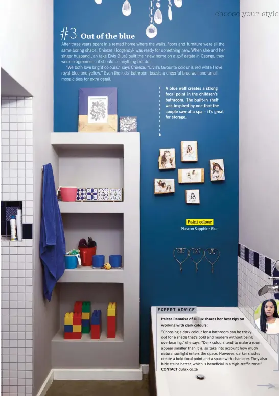  ??  ?? A blue wall creates a strong focal point in the children’s bathroom. The built-in shelf was inspired by one that the couple saw at a spa – it’s great for storage. Paint colour Plascon Sapphire Blue