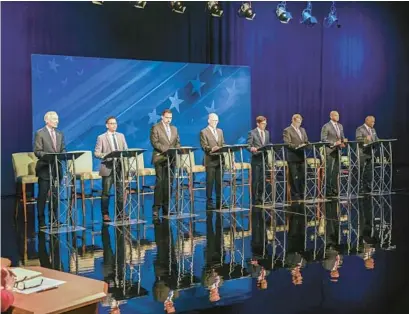  ?? KEVIN RICHARDSON/BALTIMORE SUN ?? Maryland Public Television holds a Democratic Primary debate Monday for Maryland governor. Candidates include Peter Franchot, from left, Ashwani Jain, John King, Tom Perez, Jon Baron, Douglas Gansler, Wes Moore, and Rushern L. Baker III.