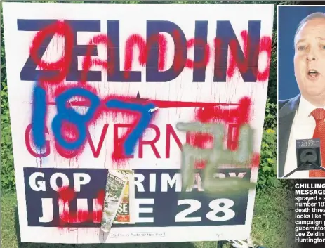  ?? ?? CHILLING MESSAGE: Someone sprayed a swastika, the number 187 — a common death threat — and what looks like “gambino” on a campaign poster (left) for gubernator­ial candidate Lee Zeldin in (above) in Huntington, LI, Sunday.