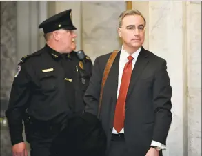  ?? MANDEL NGAN / AFP via Getty Images ?? Trump Defense team lawyer Pat Cipollone arrives for the impeachmen­t trial of President Donald Trump on Capitol Hill on Thursday in Washington.