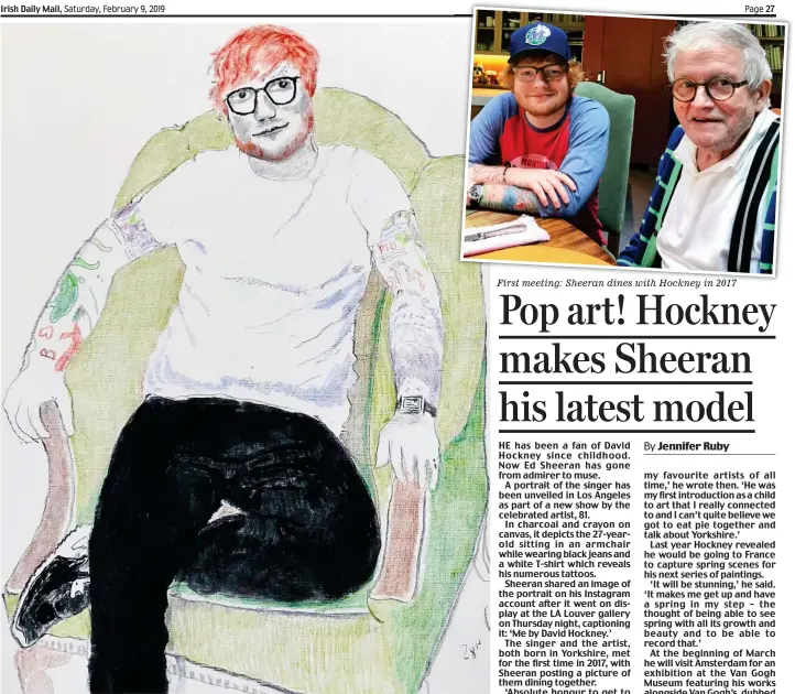  ??  ?? Charcoal and crayon: Hockney’s image of Ed Sheeran, unveiled in Los Angeles this week First meeting: Sheeran dines with Hockney in 2017