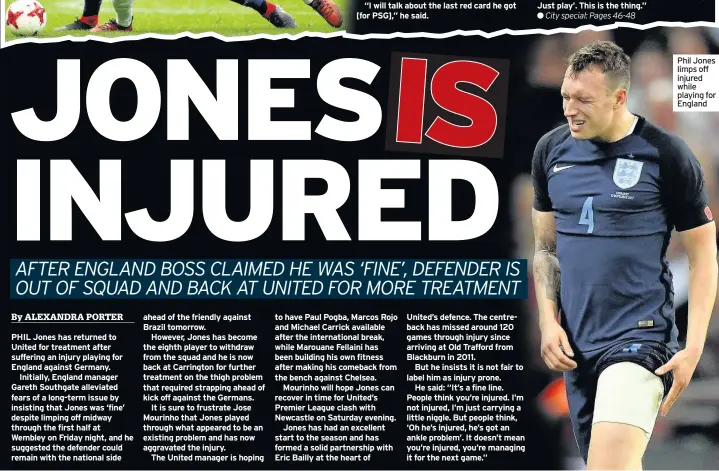  ??  ?? Phil Jones limps off injured while playing for England