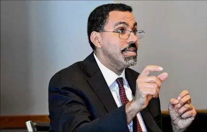  ?? Will Waldron / Times Union ?? SUNY Chancellor John King talks to the Times Union’s editorial board on Dec. 14. The former state education commission­er formally took on his new role in January.