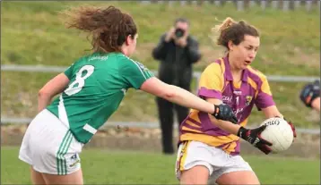  ??  ?? Wexford captain Fiona Rochford comes under pressure from Loretta Hanley of Limerick.