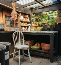  ?? ?? LEFT FROM TOP The potting shed is also known as the birthing unit for seedlings. Squeak is one of two resident bantams; Bubble was too busy to pose. The balcony is not only a great place to view their garden, it’s also Ken’s favourite perch for stargazing.