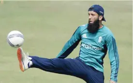  ??  ?? PUNE: England Moeen Ali plays football during a training session at The MCA Internatio­nal Cricket Stadium in Pune yesterday. England will play the first One Day Internatio­nal cricket match against India today in Pune. — AFP