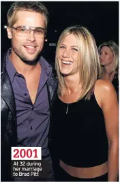  ??  ?? 2001 At 32 during her marriage to Brad Pitt