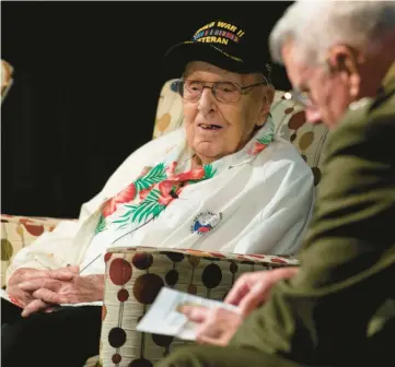  ?? RICK KINTZEL/MORNING CALL PHOTOS ?? Richard Schimmel, age 100, who was a staff sergeant with the U.S. Army during the Pearl Harbor attacks, talks about the experience during “Coffee & Conversati­ons: Reflection­s of Three Generation­s” on Friday at the ArtsQuest Center Frank Banko Ale House Cinemas in Bethlehem.