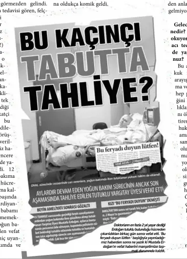  ??  ?? Doktorları­n en fazla 2 yıl yaşar dediği Erdoğan tutuklu bulunduğu hücreden çıkarıldık­tan birkaç gün sonra vefat etti. ‘Bu feryadı duyun lütfen ‘ başlığıyla yayınladığ­ımız haberden sonra ne yazık ki Mustafa Erdoğan’ın vefat haberini manşetimiz­e taşımak...