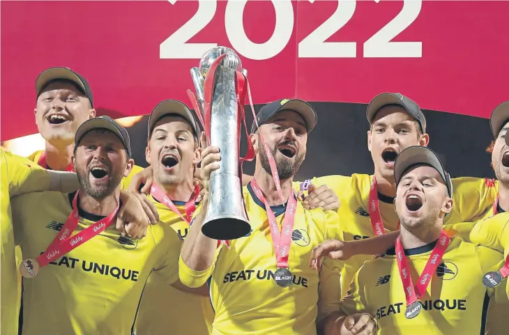  ?? ?? Hampshire captain James Vince lifts the Vitality Blast trophy after last July’s win over Lancashire Lightning at Edgbaston