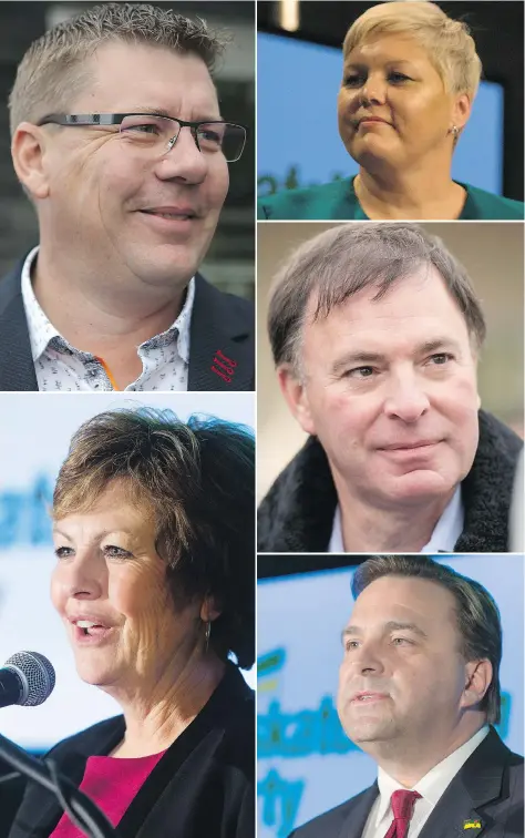  ??  ?? Clockwise from top left, candidates Scott Moe, Tina Beaudry-Mellor, Gord Wyant, Ken Cheveldayo­ff, and Alanna Koch are vying for the Saskatchew­an Party leadership and the position of premier.